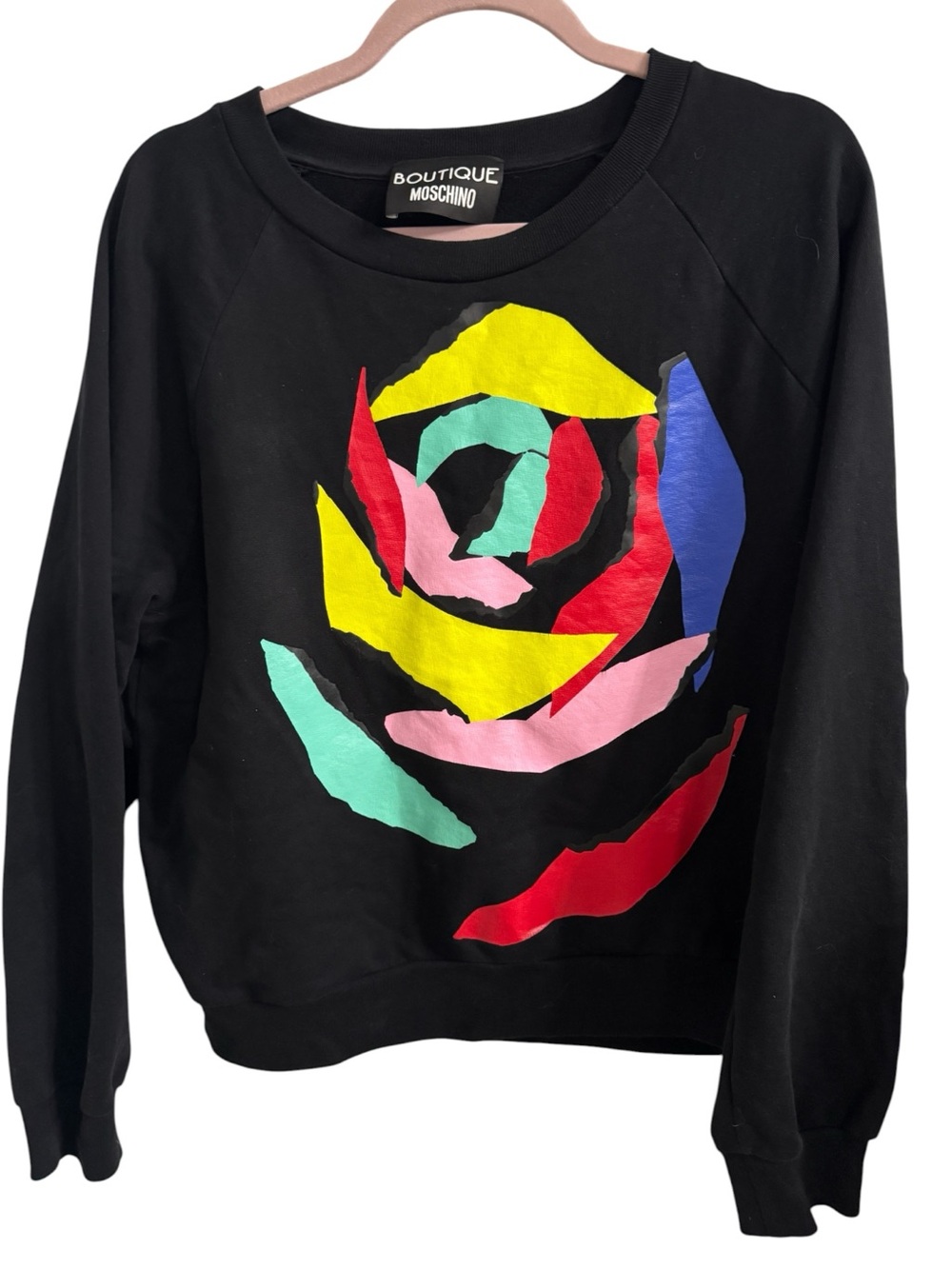 Boutique Moschino Black Sweatshirt with Multicolor Rose Graphic